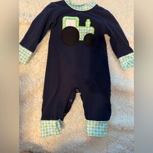 Navy One-Piece Footie with Green Gingham Tractor Appliqué